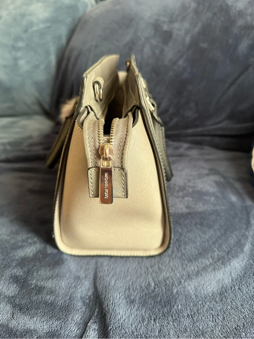 Michael Kors Light Gray Saffiano Satchel with Black Handles and Lilac Pom